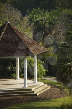 Cropped, high angle view of a gazebo in a park. Vertical shot.