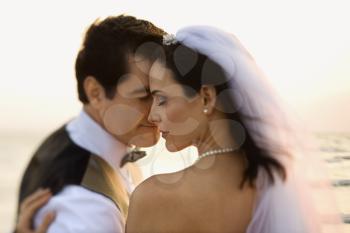 Newlyweds with their foreheads together affectionately on the beach. Horizontal shot.