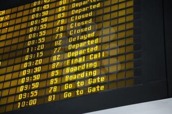 Low angle view of arrival and departure information at an airport. Horizontal shot.