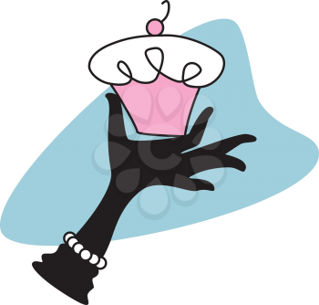 Royalty Free Clipart Image of a Lady's Gloved Hand Holding a Cupcake