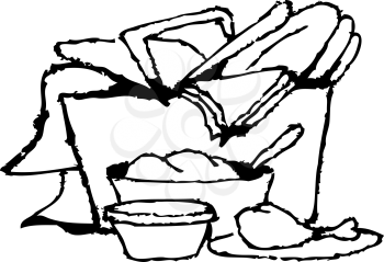 Royalty Free Clipart Image of a Picnic Basket Full of Chicken and Potato Salad
