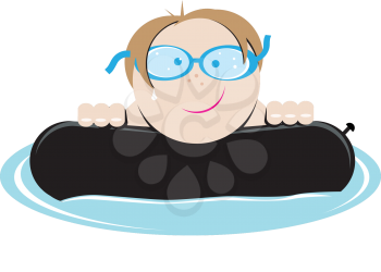 Royalty Free Clipart Image of a Boy Hanging on to an Inner Tube