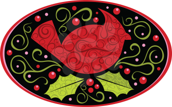 Royalty Free Clipart Image of A Cardinal With Holly And Ivy In An Oval Frame 
