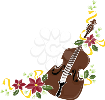 Royalty Free Clipart Image of Christmas Poinsettias Around A Cello In A Corner
