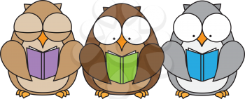 Royalty Free Clipart Image of a Trio of Reading Owls