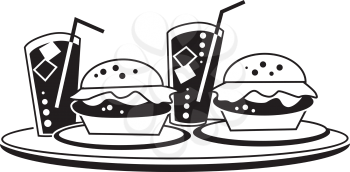 Royalty Free Clipart Image of Burgers and Drinks