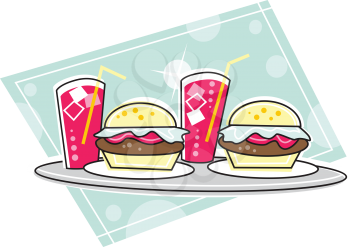 Royalty Free Clipart Image of Burgers and Drinks