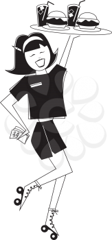 Royalty Free Clipart Image of a Girl in Roller Skates With a Tray of Food