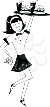 Royalty Free Clipart Image of a Girl With a Tray of Burgers and Pop