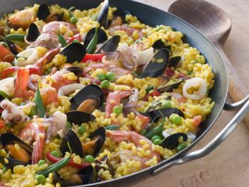 Royalty Free Photo of Seafood Paella in a Paella Pan