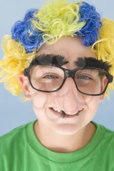 Royalty Free Photo of a Boy With a Clown Wig, Glasses and Nose