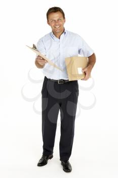 Royalty Free Photo of a Courier With a Parcel and Clipboard