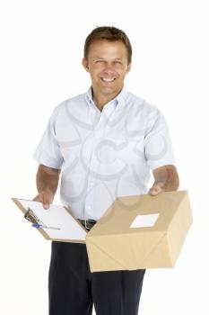 Royalty Free Photo of a Courier With a Parcel and Clipboard