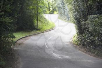 Royalty Free Photo of a Winding Road Through Hedges