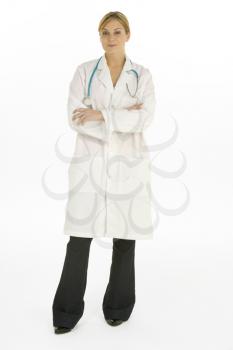 Full Length Shot Of Female Doctor Against White Background