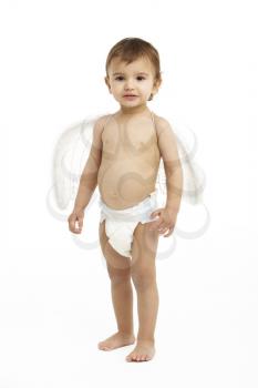 Studio Portrait Of Toddler Wearing Nappy And Angel Wings