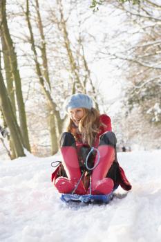 Woman Sledging Through Snowy Woodland
