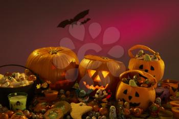 Halloween party decorations with carved pumpkins