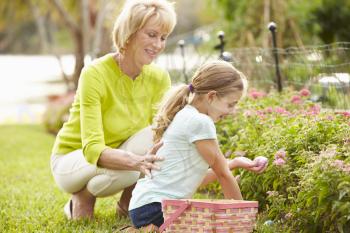 Grandmother With Granddaughter On Easter Egg Hunt In Garden
