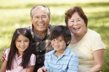 Portrait Asian grandparents and grandchildren in park