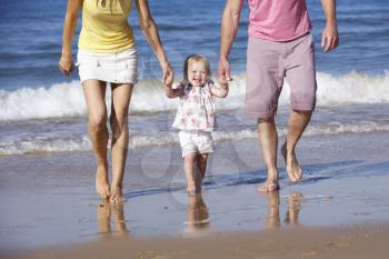 Family With Young Daughter Walking Along Beach Together