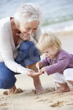 Grandmother And Granddaughter Looking at Shell On Beach Together