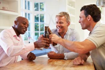 Mature Male Friends Sit At Table Drinking Beer And Talking