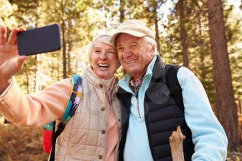 Senior couple on hike in a forest taking a selfie