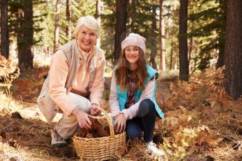 Woman and granddaughter with basket in forest, portrait