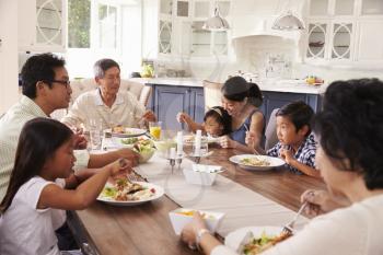 Extended Family Group Eating Meal At Home Together