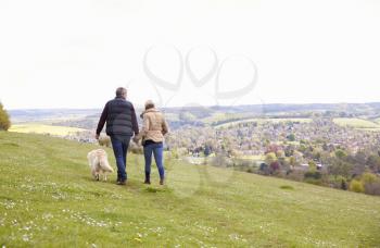 Rear View Of Mature Couple Taking Golden Retriever For Walk