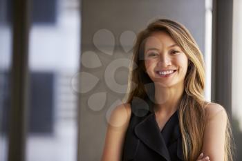Young Asian businesswoman smiling to camera, close up