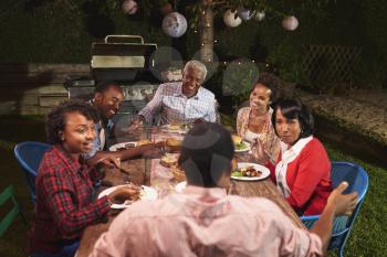 Adult black family talking at dinner in their garden