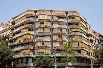 BARCELONA - JULY 29, 2016: Mid-twentieth century apartment block on a corner in the Gothic Quarter