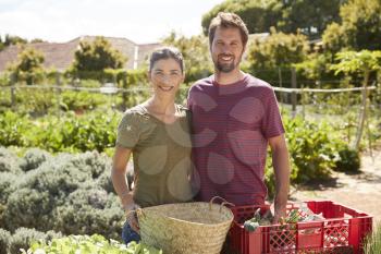 Portrait Of Couple Working On Community Allotment Together