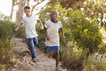 Two happy young boys running down a forest path