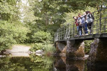 Multi ethnic group of five young adult friends stand looking down from a bridge during a hike