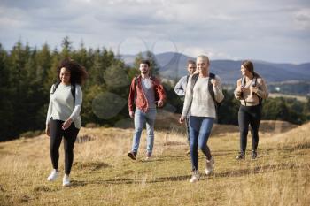 Multi ethnic group of five happy young adult friends walking on a rural path during a mountain hike, close up