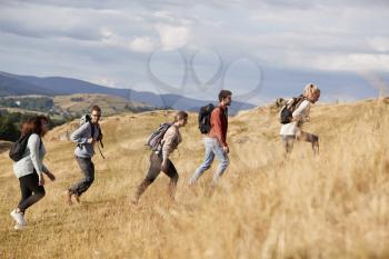Multi ethnic group of happy young adult friends climbing a hill during a mountain hike, side view