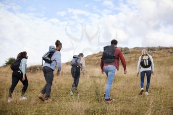 A group of five young adult friends hiking across a field towards the summit, back view