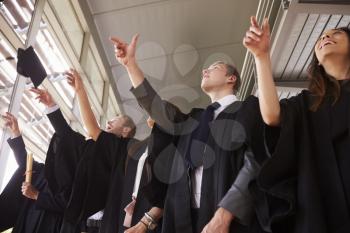 Graduates in gowns throwing their mortar boards in the air