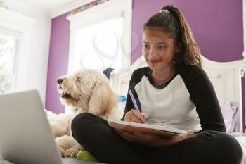 Young teen girl studying on her bed beside pet dog