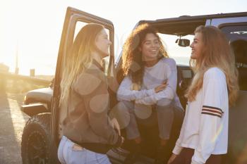 Three young female friends on a road trip talking beside car