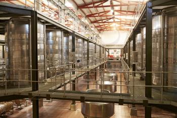 Modern winemaking facility interior, angled view