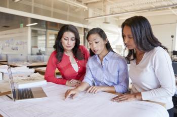 Three female architects studying plans together in an office