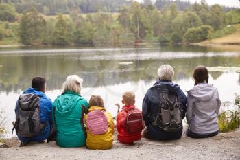 Multi generation family sitting together admiring the view on the shore of a lake, back view, Lake District, UK