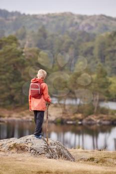 A boy standing on a rock admiring a view of lake, back view, Lake District, UK