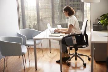 Businesswoman Sitting At Desk Working On Laptop In Modern Office