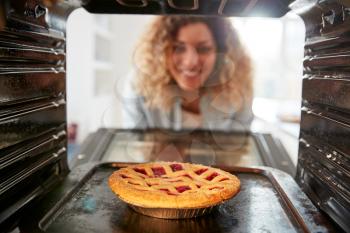 View Looking Out From Inside Oven As Woman Cooks Fruit Tart