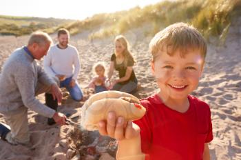 Grandfather Cooking As Multi-Generation Family Having Evening Barbecue Around Fire On Beach Vacation